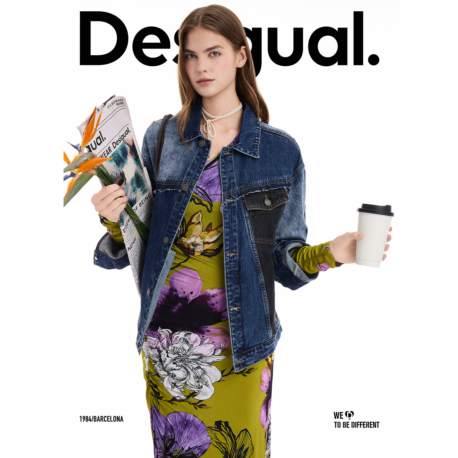 Desigual牛仔撞色水洗拼接解构前口袋设计夹克女士外套