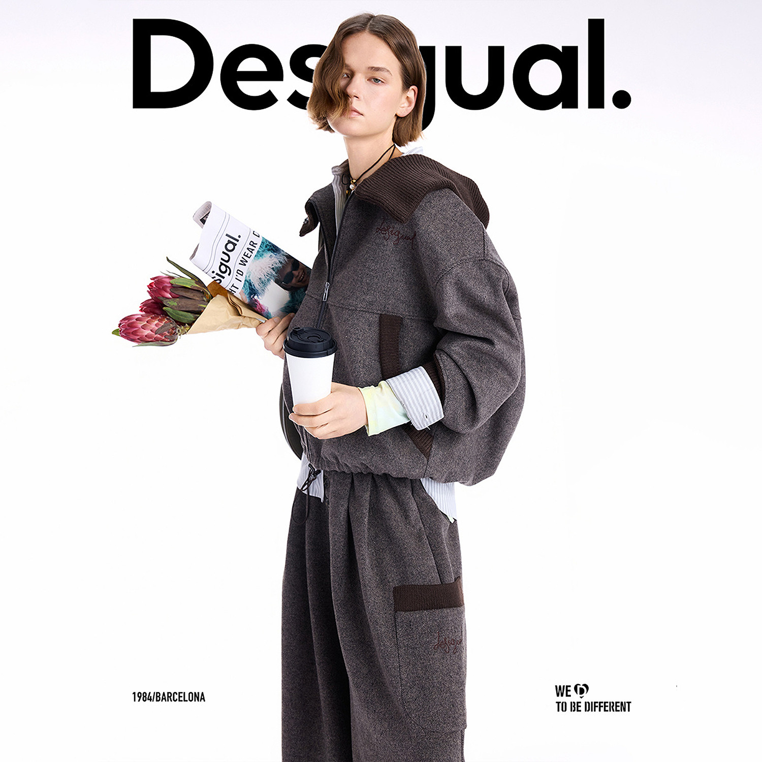 Desigual25秋冬新品廓形宽松斜纹毛呢连帽长袖女士外套