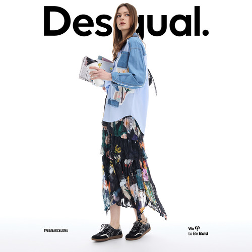 Desigual26春夏新品宽松牛仔拼接条纹印花贴布长袖女式衬衫 - 图0