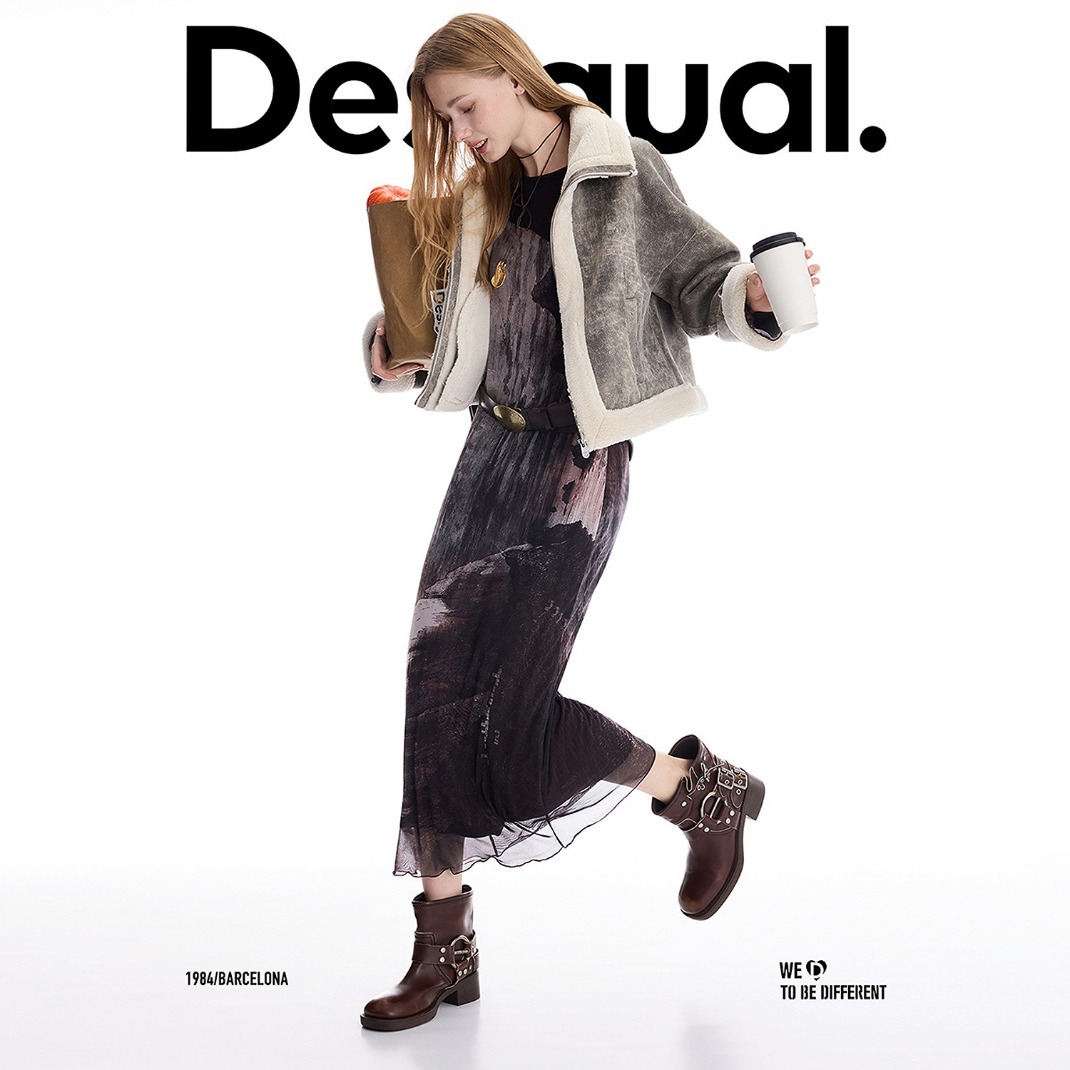 Desigual25秋冬新品廓形斑驳皮毛一体翻领女士外套