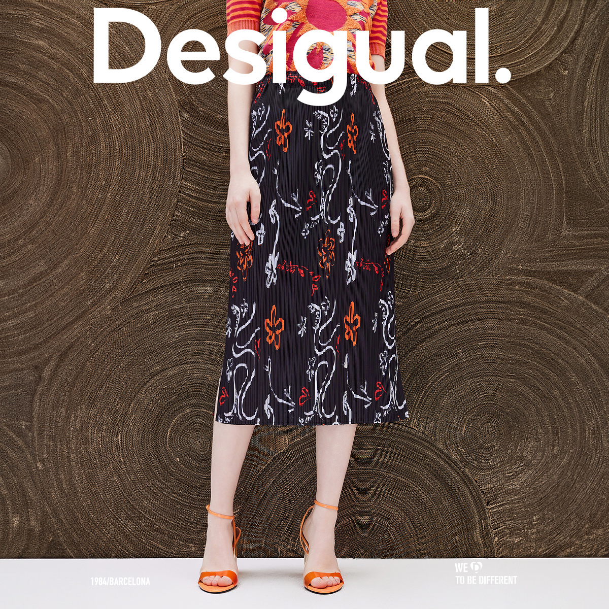 Desigual【西班牙时尚品牌】直筒印花压褶中长款女式半身裙 - 图0