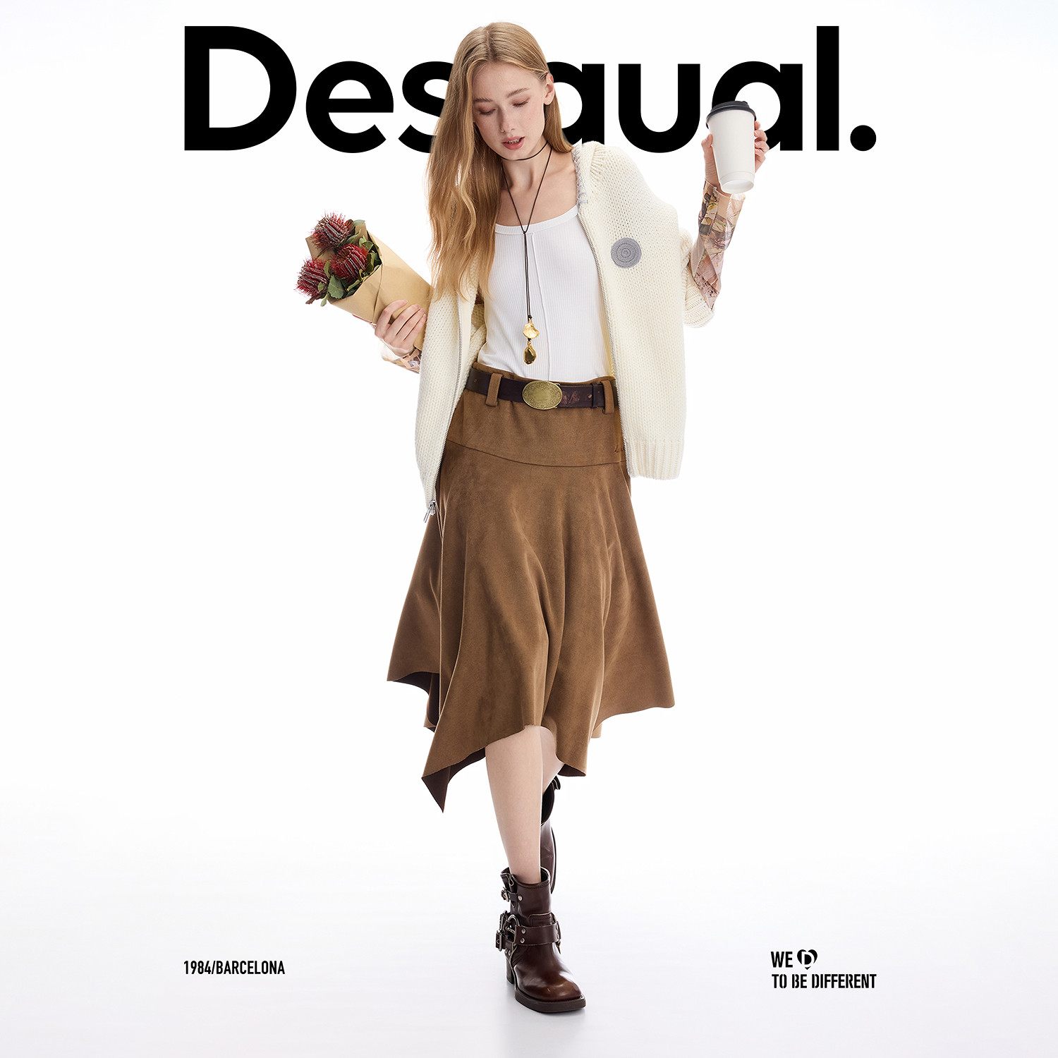 Desigual25秋冬新品羊毛混纺撞色拱针连帽针织拉链开衫女士外套