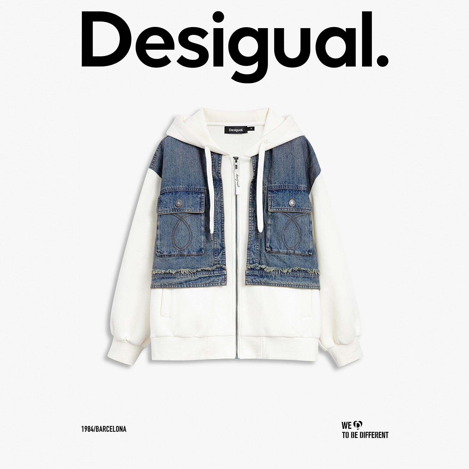 Desigual25秋冬新品牛仔马甲拼接连帽开衫廓形女士外套