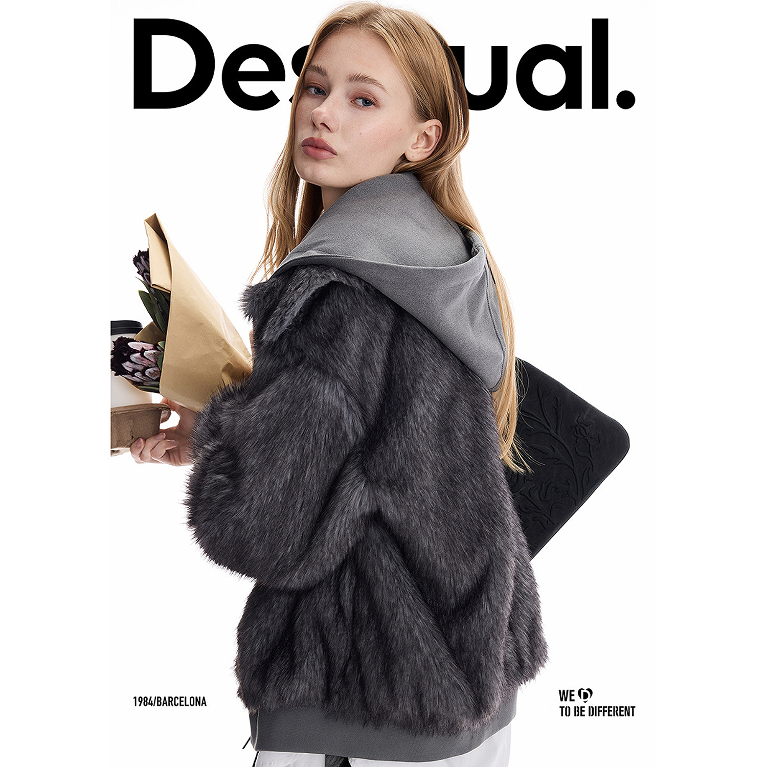 Desigual25秋冬新品仿皮草假两件拼接连帽卫衣灰色女士外套