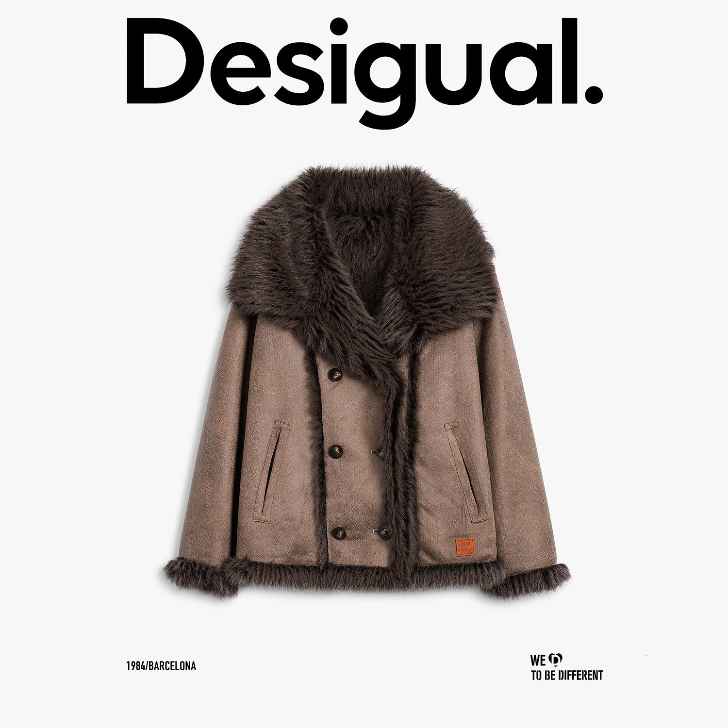 Desigual25秋冬新品仿皮毛一体大翻领拼接毛条设计女士外套