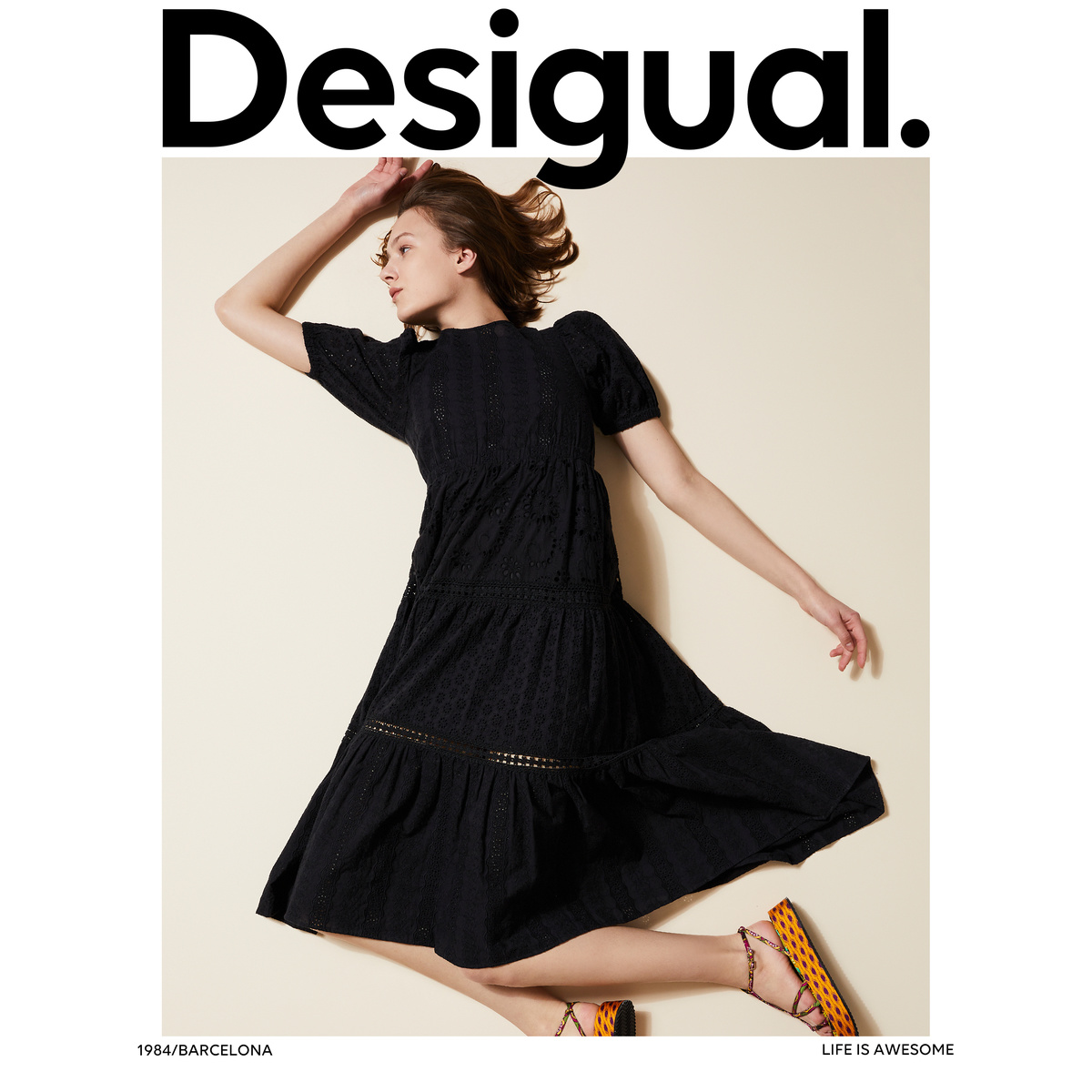 Desigual【西班牙时尚品牌】收腰镂空蕾丝圆领长款连衣裙