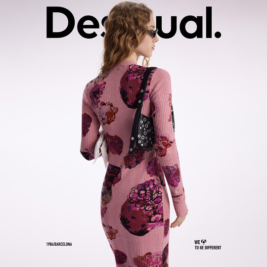 Desigual25 autumn and winter new slim fit printed front slit V-neck long-sleeved pink long dress