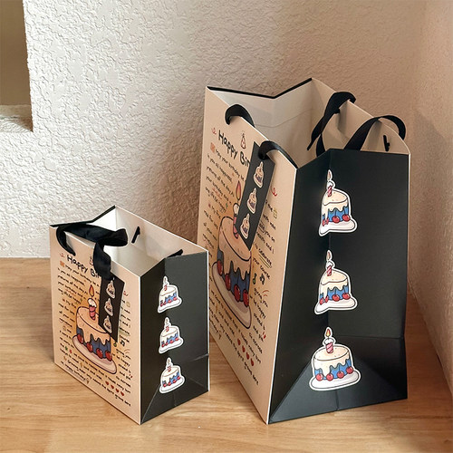 ins生日蛋糕礼品袋大号礼物包装袋手提纸袋加厚白卡收纳袋带卡片 - 图2