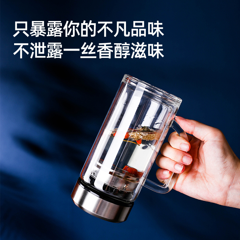 办公室水杯女花茶杯双层玻璃带把手家用隔热透明高档个人防摔茶杯 - 图1