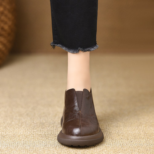 品牌真皮坡跟厚底单鞋女2025新款秋季法式复古防滑百搭妈妈小皮鞋 - 图3
