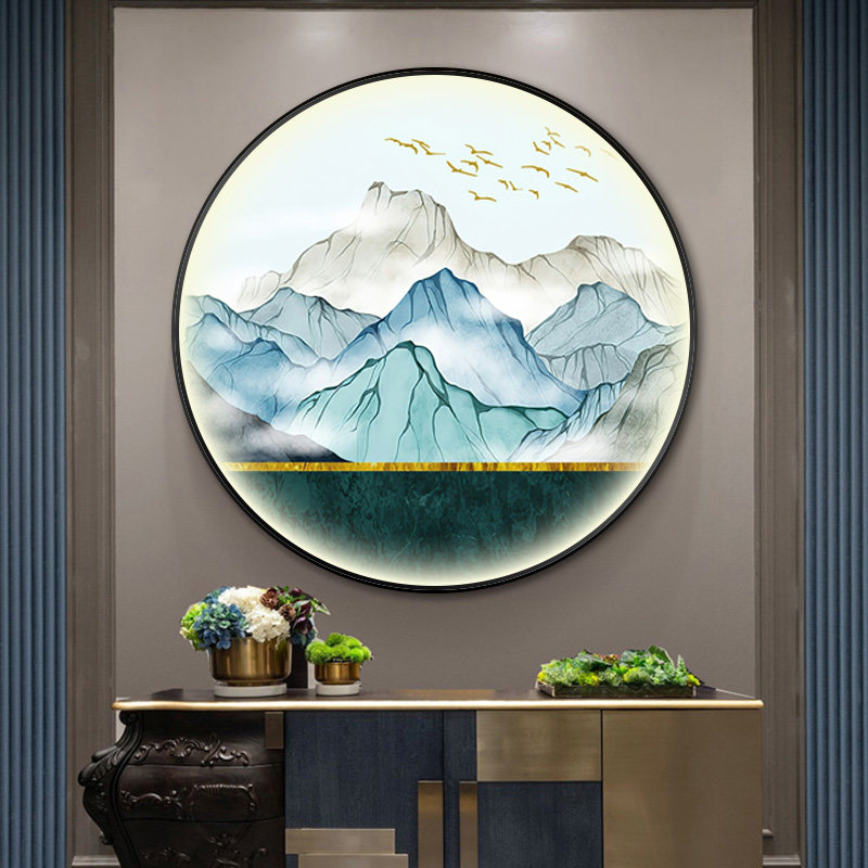 新中式入户玄关装饰画走廊过道圆形轻奢高端进门壁画寓意山晶瓷画_虎窝淘