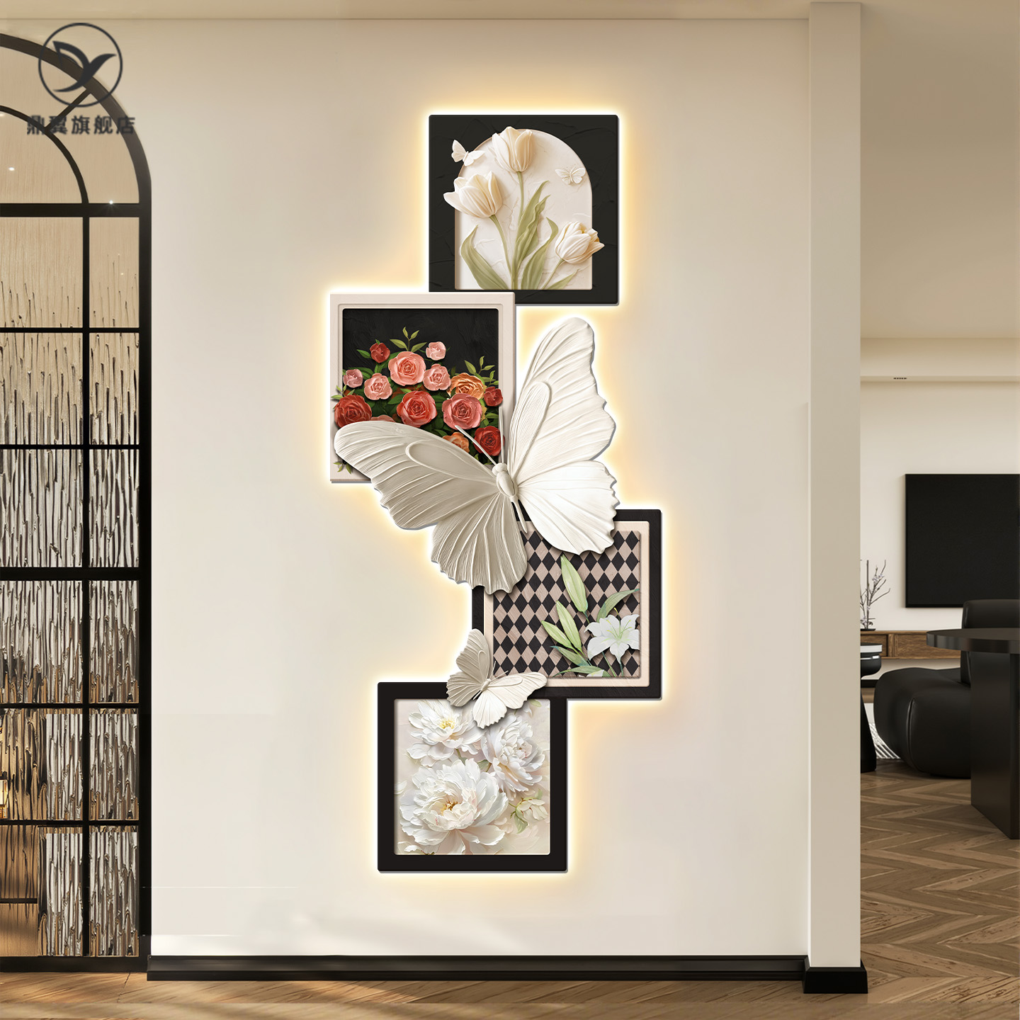 法式中古风入户玄关装饰画蝴蝶花卉挂画客厅壁灯走廊正对门壁画 - 图3