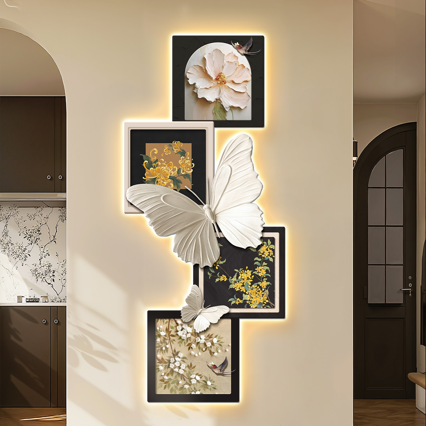 法式中古风入户玄关装饰画蝴蝶花卉挂画客厅壁灯走廊正对门壁画 - 图2