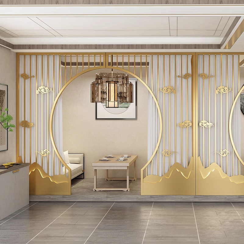 新中式隔断拱门屏风墙饭店包间包厢铁艺半圆形月亮门洞格栅装饰