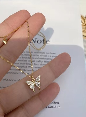 双层蝴蝶纯银项链女ins小众设计感锁骨链首饰品吊坠