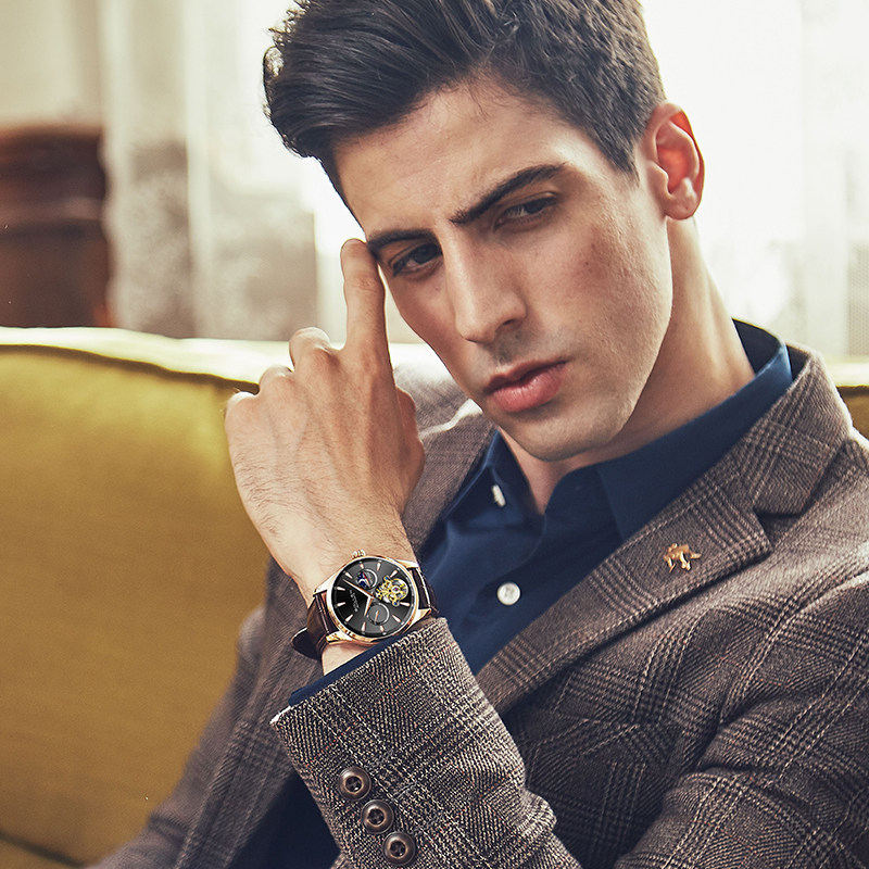 梭伦正品时尚手表男士依波全自动机械男表皮带款防水腕表男玫瑰金