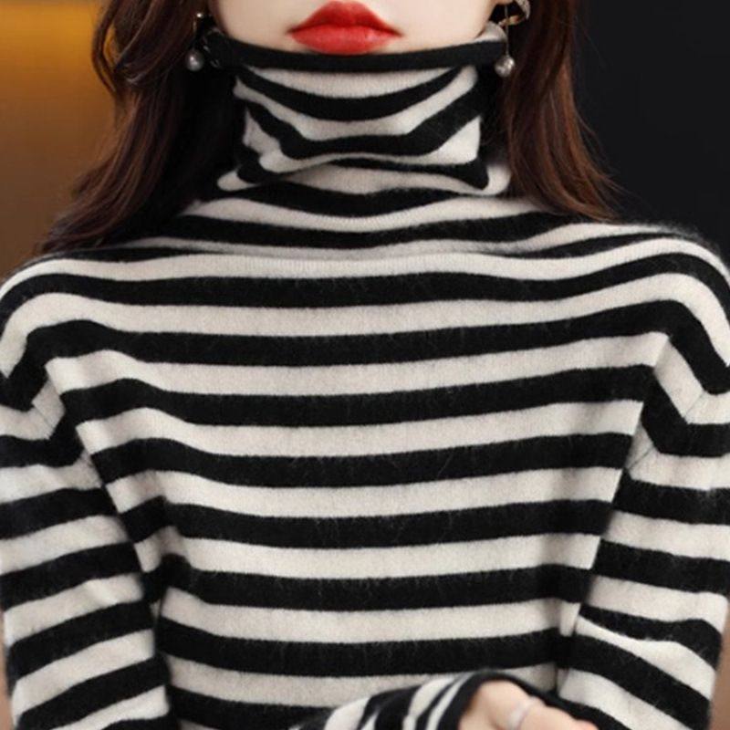 堆堆领条纹针织衫女秋冬新款高级感洋气内搭打底毛衣加厚高领上衣,淘宝优惠券,粉丝福利购,淘宝优惠卷