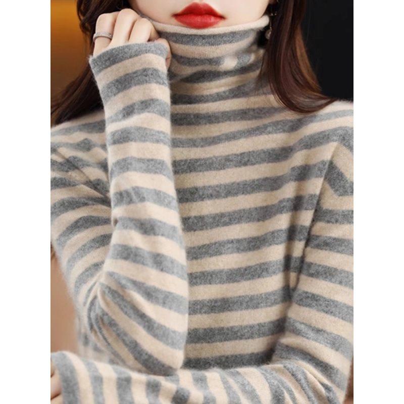 堆堆领条纹针织衫女秋冬新款高级感洋气内搭打底毛衣加厚高领上衣,淘宝优惠券,粉丝福利购,淘宝优惠卷