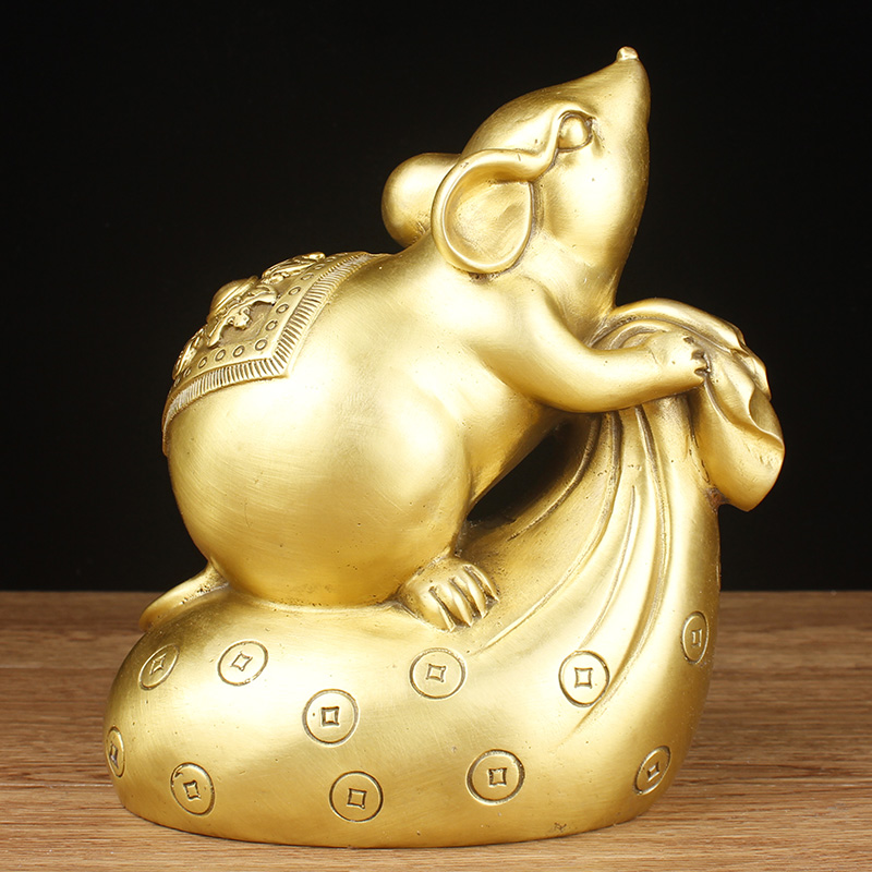 铜老鼠摆件黄铜十二生肖鼠家居客厅装饰礼品黄金布袋鼠吉祥物摆设 - 图1