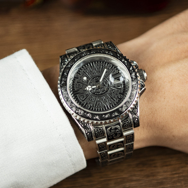 vrq欧美黑鬼男钢带精钢雕刻机械表 vrq国产腕表