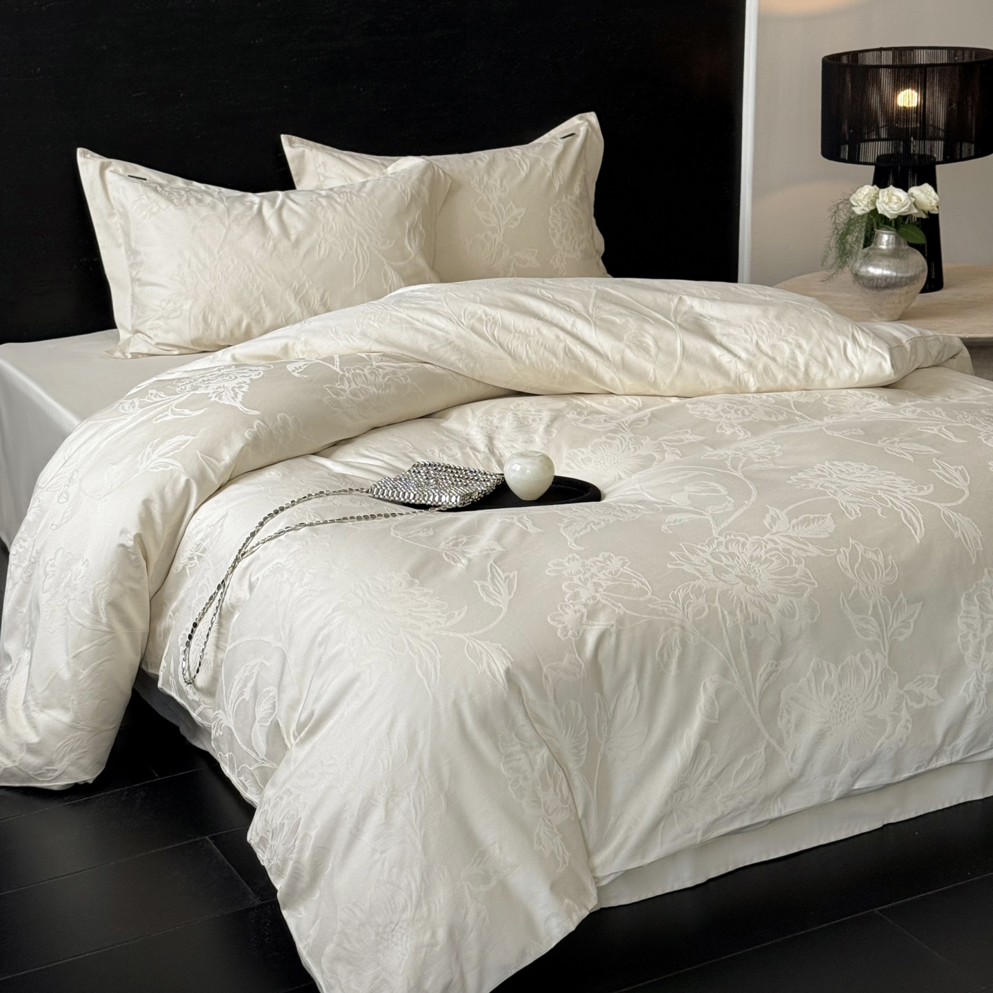 秋冬100S超柔厚织浮雕全棉提花四件套亲肤AB版被套床单纯棉床品 - 图1