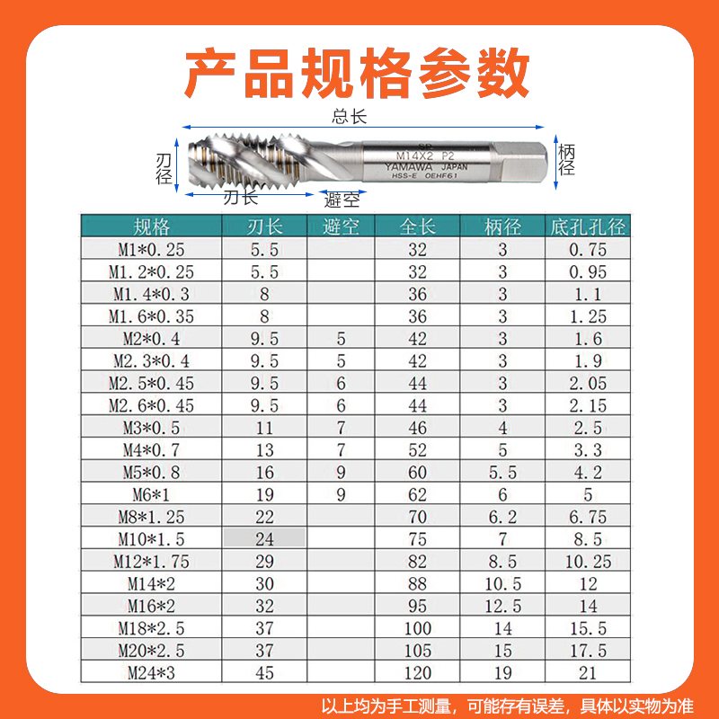 日本yamawa进口丝锥M2M3M4M5M6M8雅玛哇螺旋丝锥机用丝攻铝用丝锥 - 图2