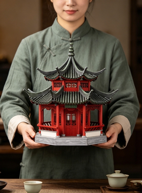 中式木质彩绘文峰阁八角塔摆件