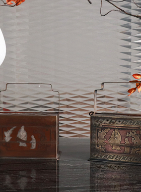 现代新中式古典紫铜提盒茶几摆件