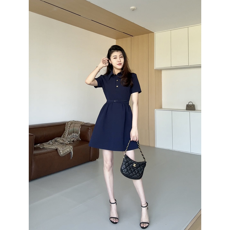 张阿星【藏青色连衣裙】 法式气质A字收腰连衣裙 - 图1