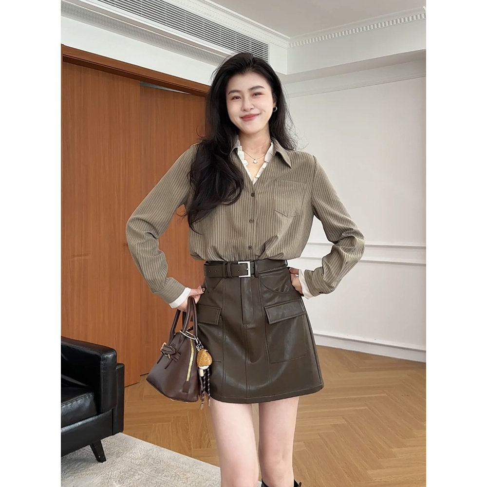 张阿星【艺术街区】秋冬新款蕾丝条纹撞色衬衫+高腰百搭皮半裙,淘宝优惠券,粉丝福利购,淘宝优惠卷