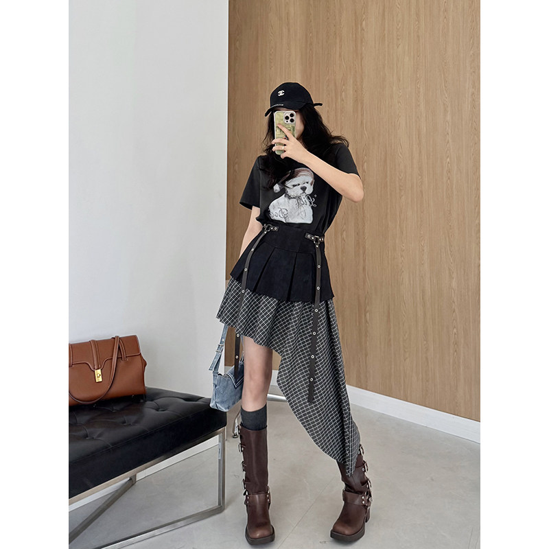 张阿星本星小狗T恤+格纹半裙女夏季气质休闲套装小众设计感两件套