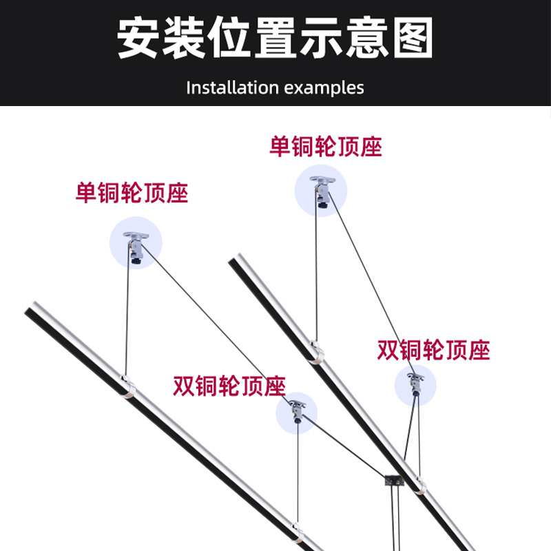 升降晾衣架装饰盖支架晒衣架配件全铜滑轮顶轮转角器通用阳台手摇 - 图3