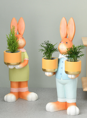 轻奢风卡通小兔子花盆动物摆件
