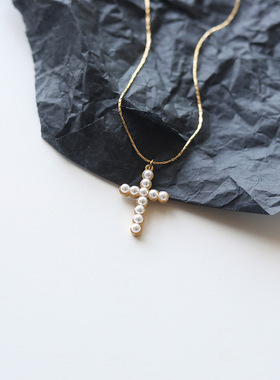 法式ins风潮珍珠十字架吊坠钛钢