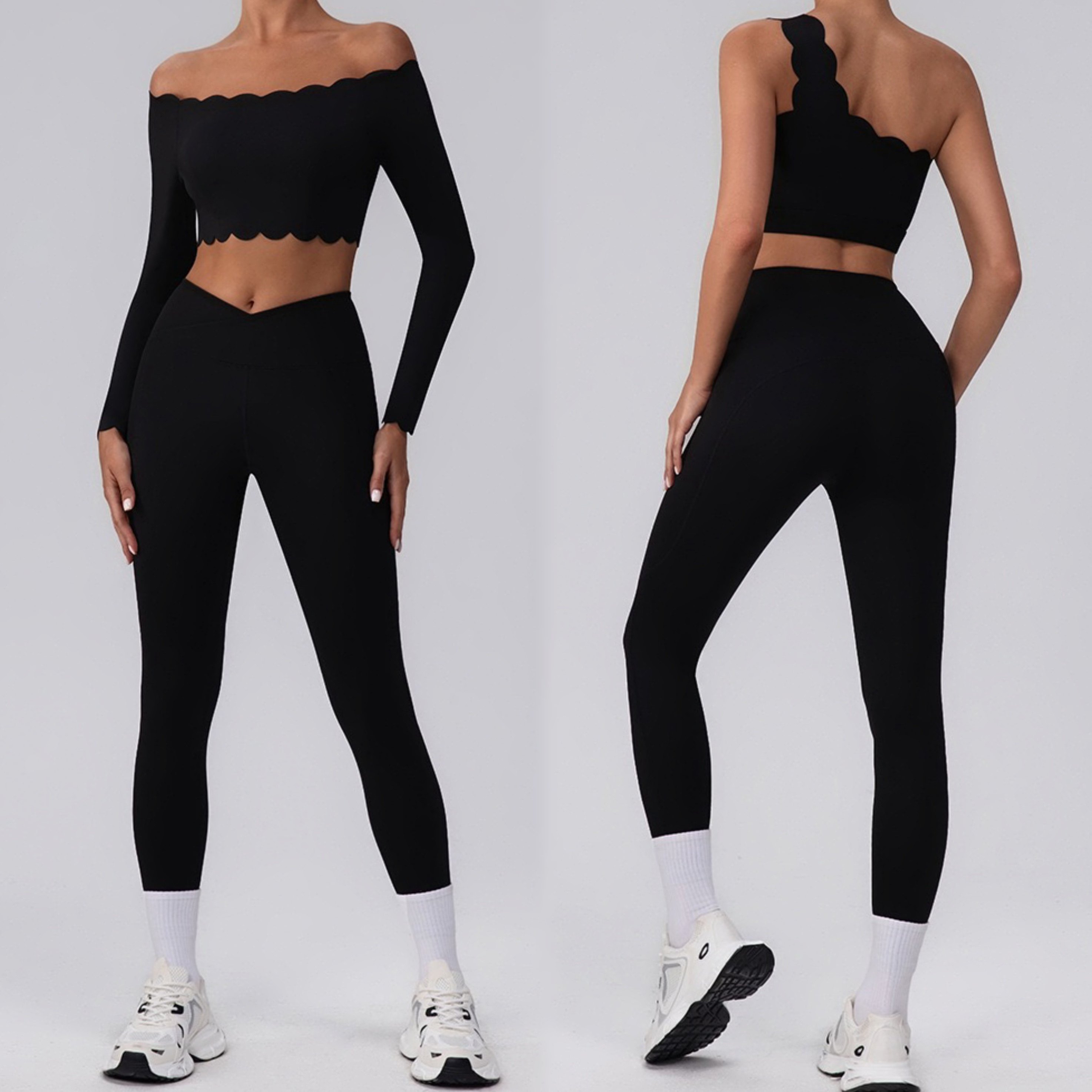 欧美波浪边健身服套装花边单肩文胸一字肩长袖蜜桃长裤瑜伽套装女,淘宝优惠券,粉丝福利购,淘宝优惠卷