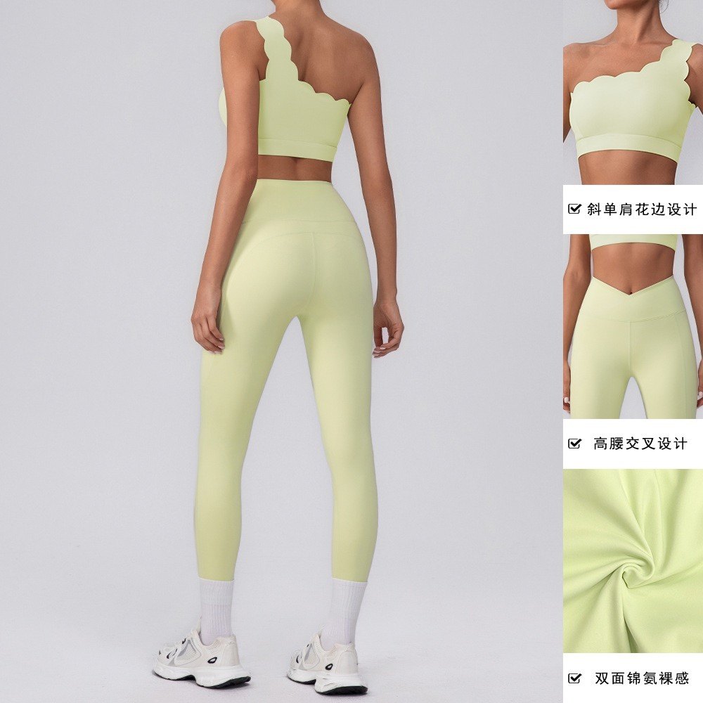 欧美波浪边健身服套装花边单肩文胸一字肩长袖蜜桃长裤瑜伽套装女,淘宝优惠券,粉丝福利购,淘宝优惠卷