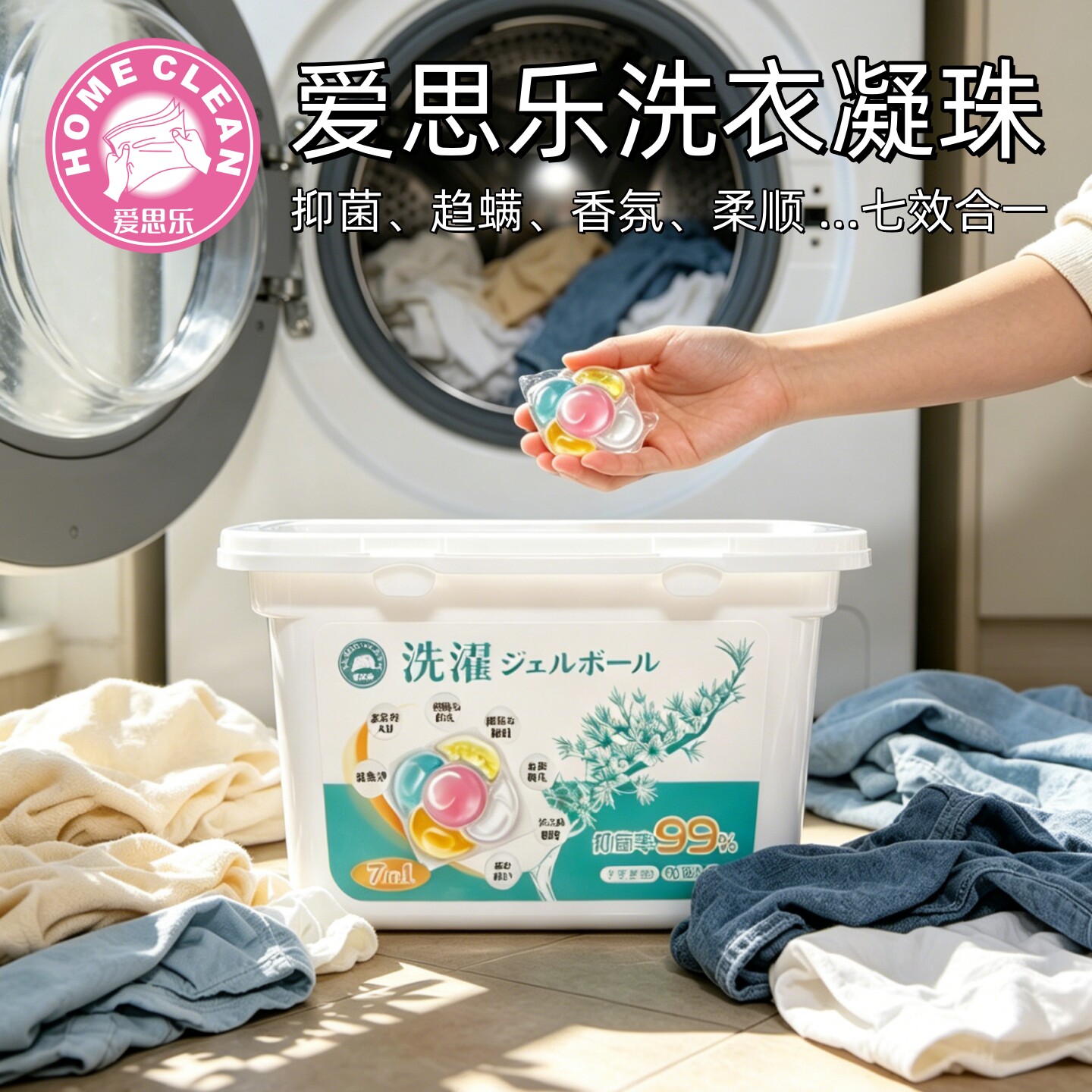 爱思乐香氛洗衣凝珠抑菌趋螨留香七效合一去污渍家庭桌面清洁套装