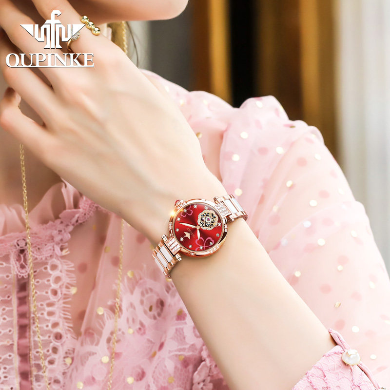 瑞士正品防水时尚陶瓷女士机械表 欧利时仟锐国产腕表