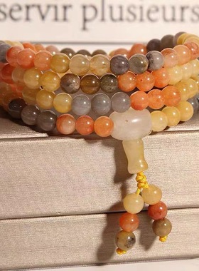 金丝玉手串108颗佛珠手链绕四圈天然新疆玉石手饰复古中国风饰品