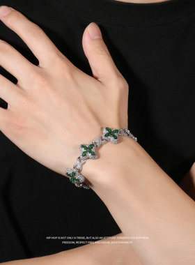 四叶草手链绿色水钻时尚满钻男潮酷痞帅高级感彩色古巴链情侣手饰