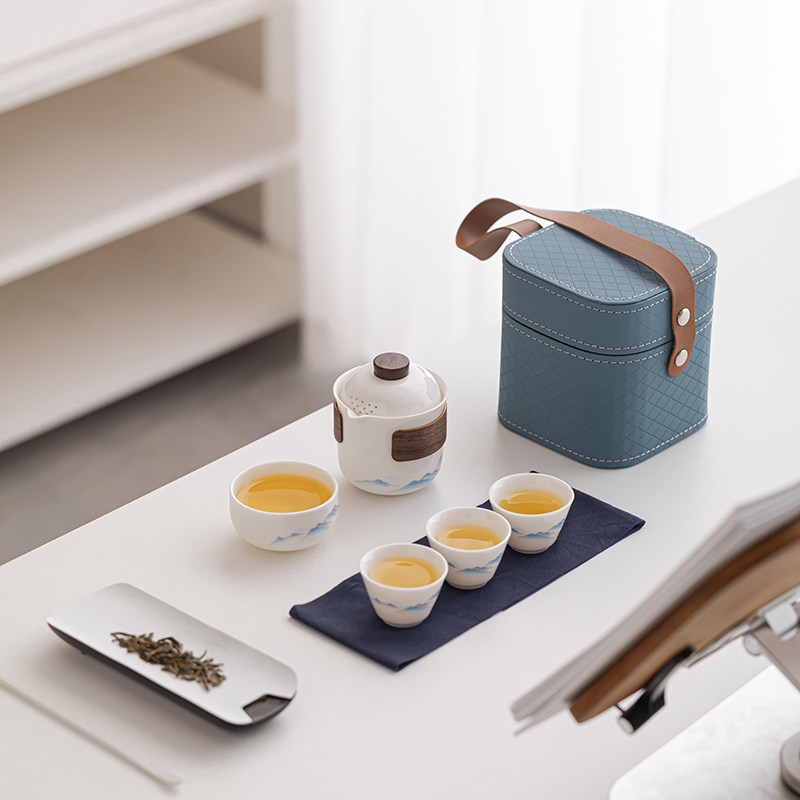 Travel tea set, one pot, six cups, quick cup, portable tea set, carrying bag for outdoor drinking alone