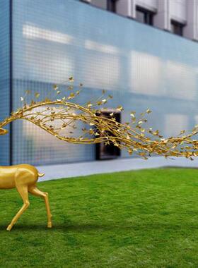 不锈钢雕塑铁艺蝴蝶鹿角梅花鹿摆件橱窗玄关酒店大堂会所动物美陈