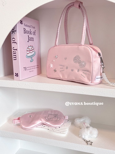 IVONA【奶泡泡缎^】原创烫钻粉色kitty少女心Y2k猫咪手提包包女 - 图0