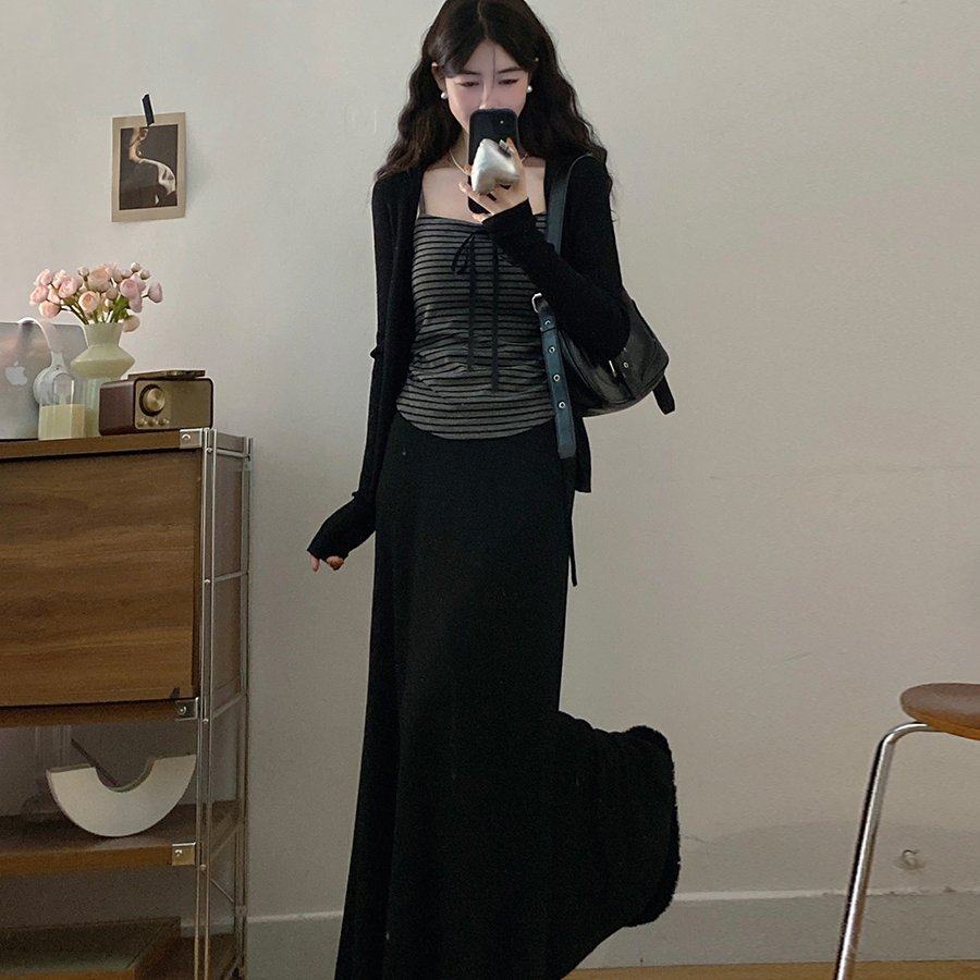 实拍~大码女装“奥利奥千层”微胖mm松弛感条纹吊带开衫半裙套装,淘宝优惠券,粉丝福利购,淘宝优惠卷