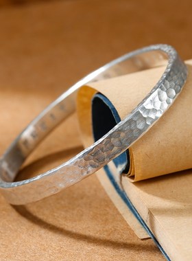 手工锤纹银手镯女纯银999做旧开口实心个性简约男年轻情侣定制款