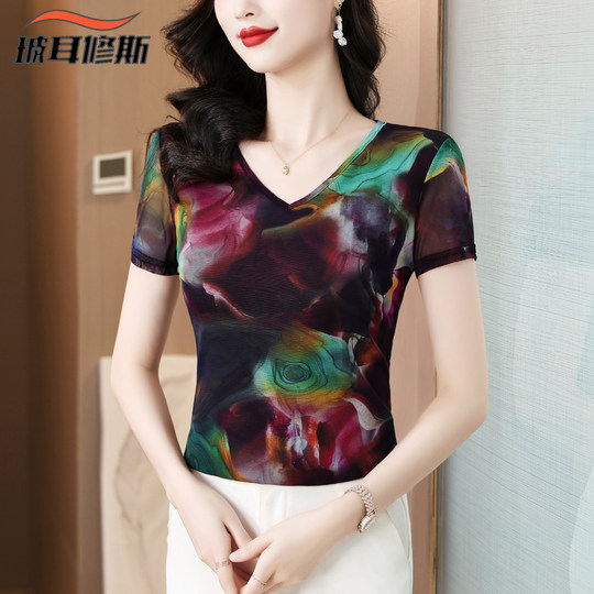 V领冰丝网纱T恤女短袖2024夏季新款修身半袖体恤高端扎染蕾丝上衣