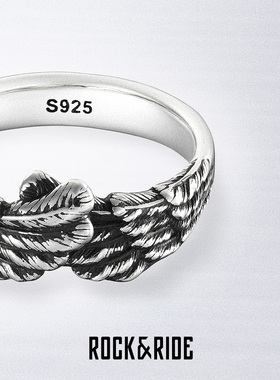 ROCKRIDE 挚爱羽翼戒指 925纯银女情侣复古男羽毛指环