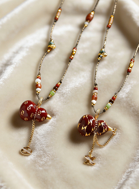 轻奢红色滴油葫芦串珠毛衣链