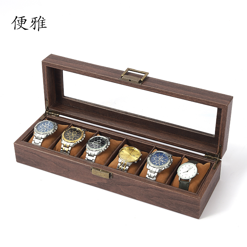便雅木纹皮手表盒首饰收纳盒子玻璃天窗腕表收藏箱手链手表展示盒-图0