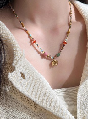 彩色小象吊坠多巴胺串珠项链